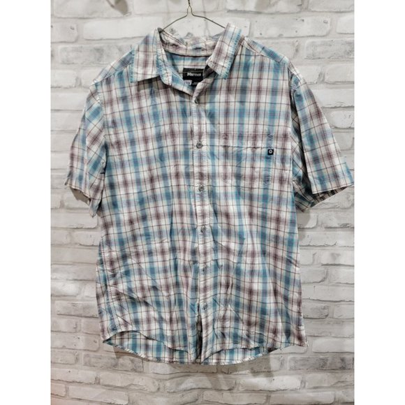 Marmot Men Northside Checkered Shirt Size Medium Short Sleeve Plaid Blue Red - Picture 1 of 9